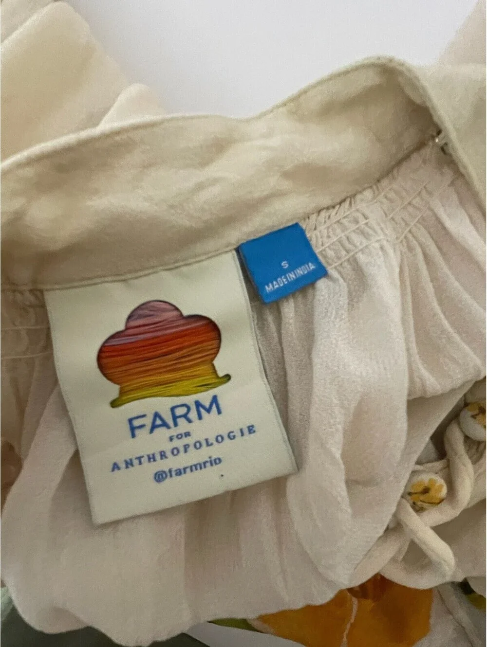 FARM Rio Anthropologie Size S Cream Floral Balloon Sleeve High-Neck Blouse Boho